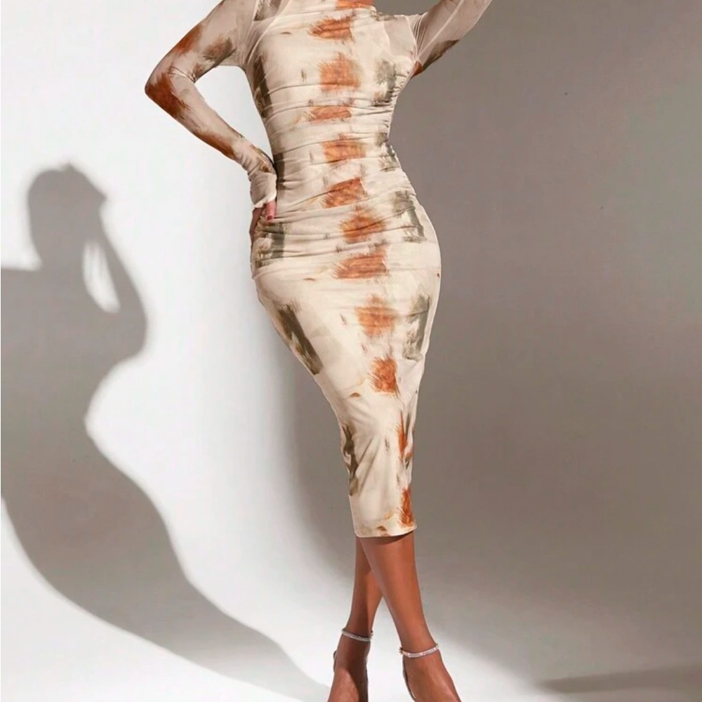 Mesh cream orange green tie dye long sleeve dress size large